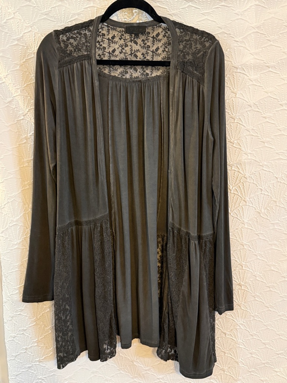 POL Vintage looking Lace-Trim Long Sleeve Cardigan - Gray PTP: 20” L:34”